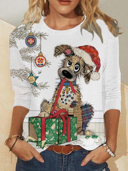 

Women‘s Christmas Dog Print Casual Crew Neck Top, As picture, Long sleeves