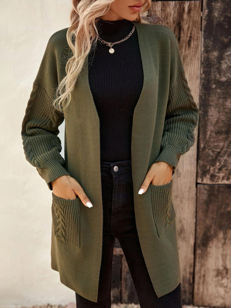 

Casual Cable Knit Drop Shoulder Dual Pocket Cardigan, Army green, Cardigans