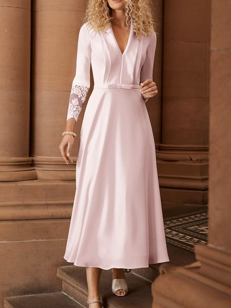 

Elegant V Neck Long sleeve Long Party Dress, Pink, Maxi Dresses
