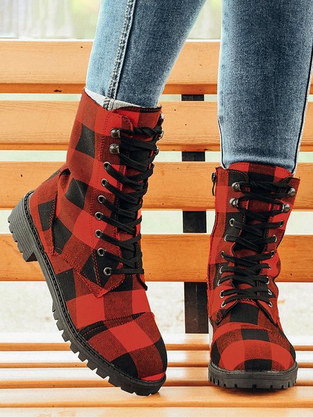 

Christmas Red-black Plaid Plus Size Lace-Up Decor Size Zip Canvas Boots, Boots