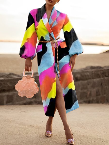 

Elegant Shawl Collar Color Block Overcoat, Multicolor, Coats