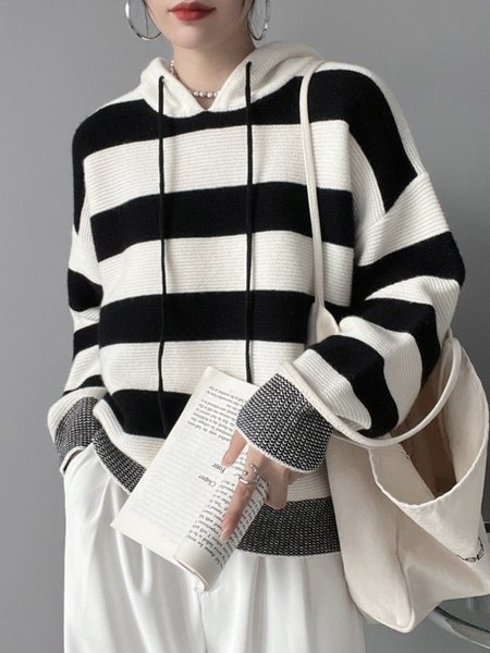 

Long sleeve Hoodie Striped Daily Simple Sweater, White, Pullovers