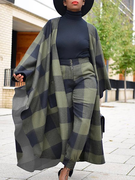 

Loose Plaid Urban Overcoat, Green, Coats