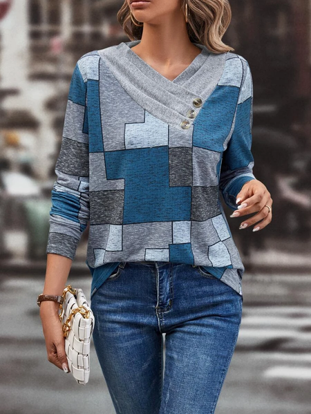 

Casual Geometric V Neck Loose T-Shirt, Blue, T-Shirts