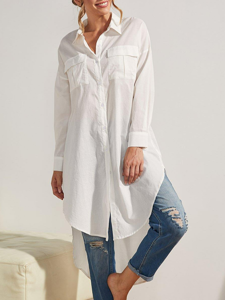 

Plain Shirt Collar Casual Asymmetric Shirt Dress, White, Mini Dresses