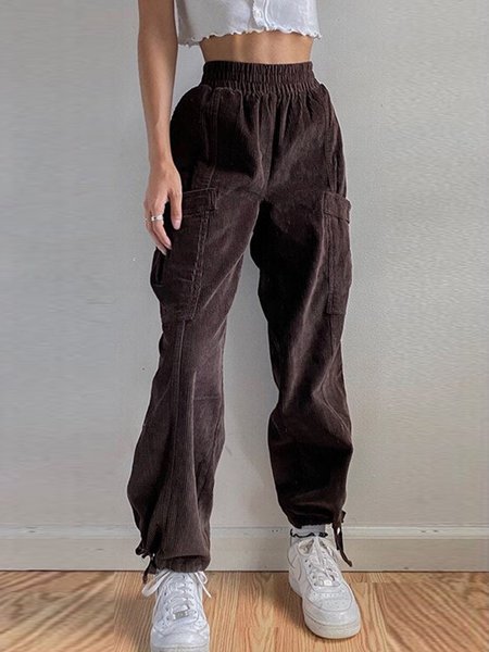 

Casual Corduroy Plain Drawstring Pants, Cameo brown, Pants