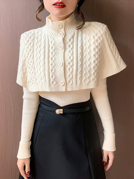 Daily Long sleeve Elegant Stand Collar Plain Sweater, White, Pullovers