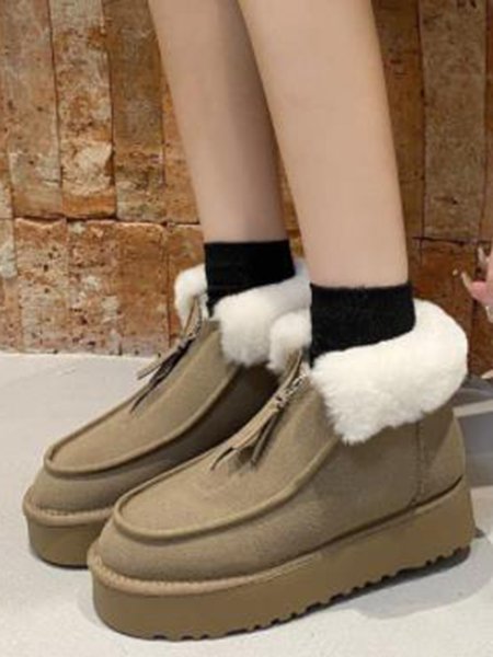 

Vintage Plush Warm Zip-Up Platform Snow Boots, Khaki, Boots