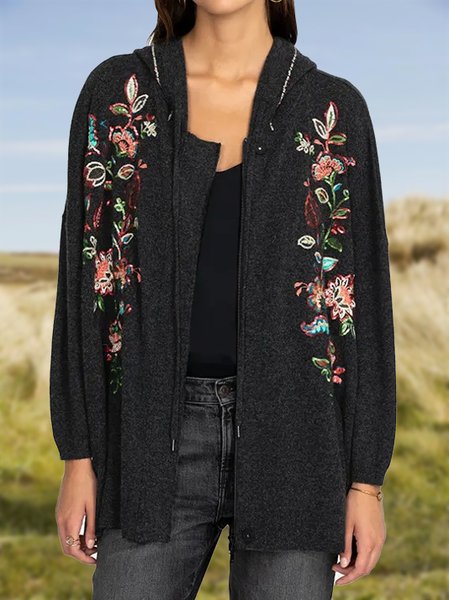 

Floral Cotton-Blend Casual Hoodie Jacket, Deep gray, Jackets