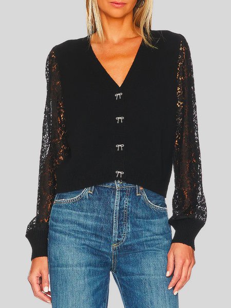 

V Neck Elegant Lace Plain Sweater Cardigan, Black, Cardigans