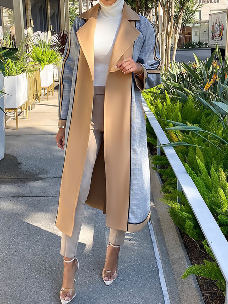 

Loose Lapel Collar Urban Long sleeve Long Overcoat, Khaki, Coats