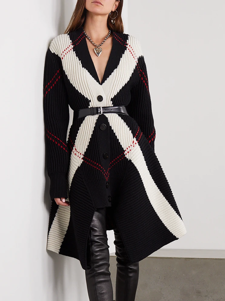 

V Neck Urban Loose Color Block Long sleeve Mid-long Sweater Coat, Black-white, Cardigans