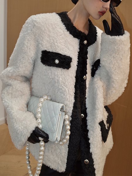 

Elegant Color Block Loose Crew Neck Teddy Jacket, Black-white, Others