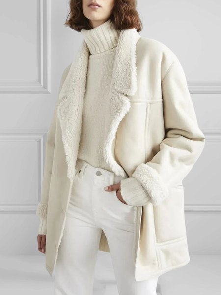 

Simple Lapel Collar Plain Teddy Jacket, Apricot, Others