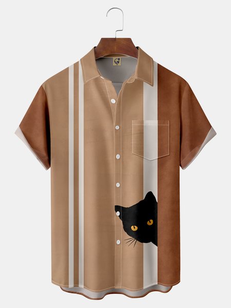 

Cat Chest Pocket Short Sleeve Bowling Shirt, Khaki, Men Shirts