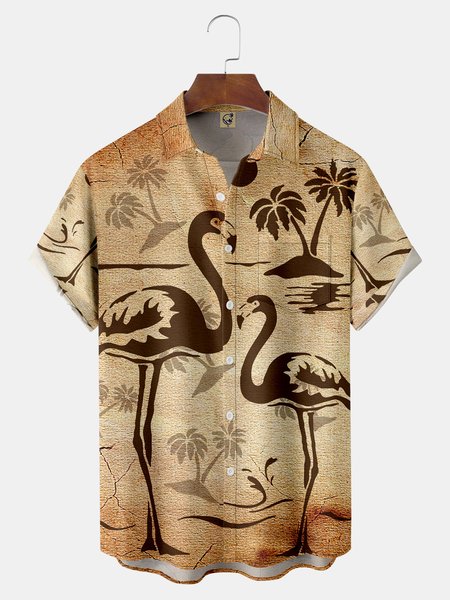 

Flamingo Chest Pocket Short Sleeve Hawaiian Shirt, Khaki, Men Shirts