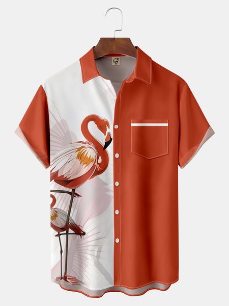 

Flamingo Chest Pocket Short Sleeve Hawaiian Shirt, Orange, Men Shirts