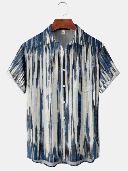 

Geometric Stripe Chest Pocket Short Sleeve Shirt, Blue, Men Shirts
