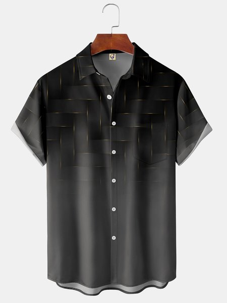 

3D Geometric Gradient Chest Pocket Short Sleeve Shirt, Black-grey, Men Shirts