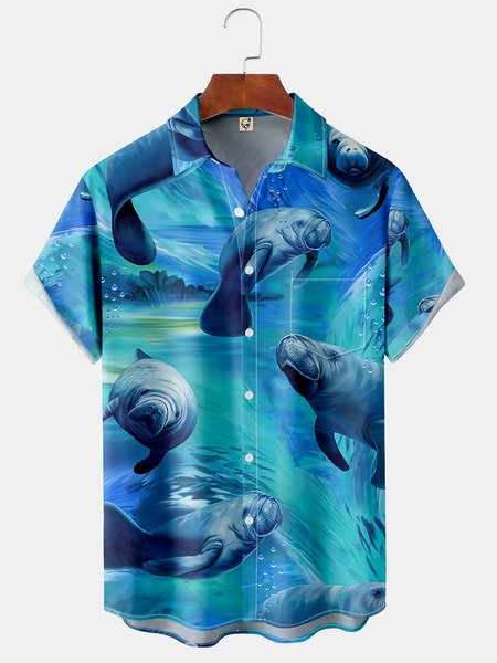 

Walrus Chest Pocket Short Sleeve Hawaiian Shirt, Blue, Men Shirts