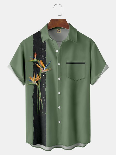 

Bird of Paradise Flower Chest Pocket Short Sleeve Bowling Shirt, Green, Men Shirts