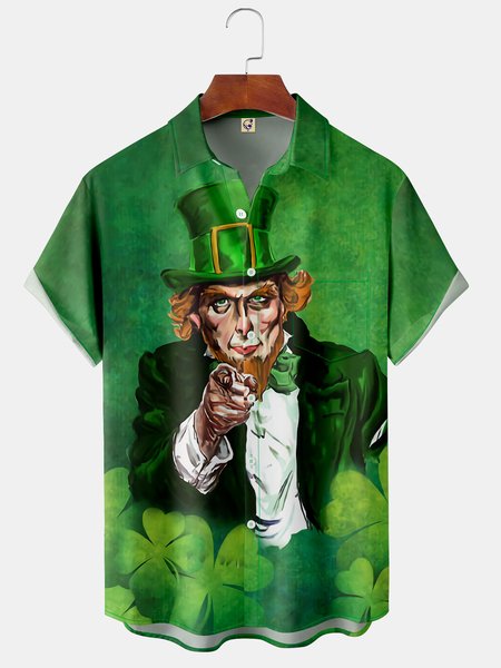

St. Patrick's Day Chest Pocket Short Sleeve Shirt, Green, Men Shirts