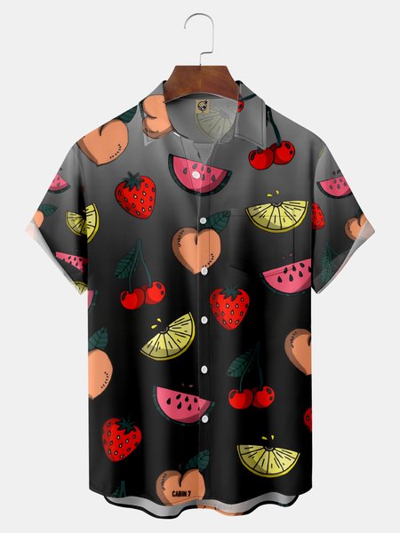 

Gradient Fruit Chest Pocket Short Sleeve Hawaiian Shirt, Black, Men Shirts