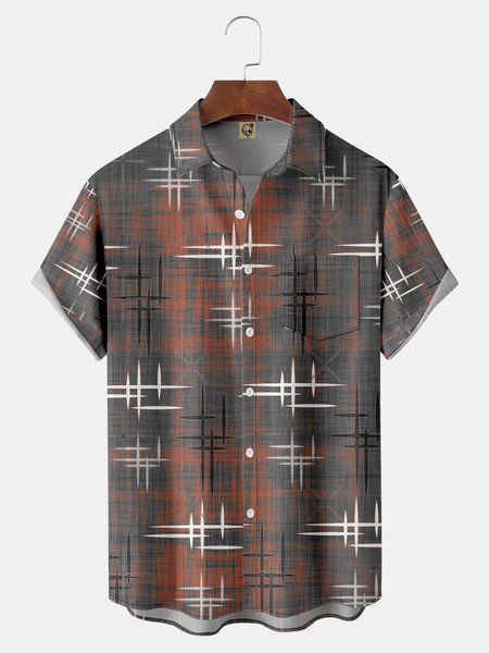 

Line Texture Chest Pocket Short Sleeve Casual Shirt, Gray, Men Shirts