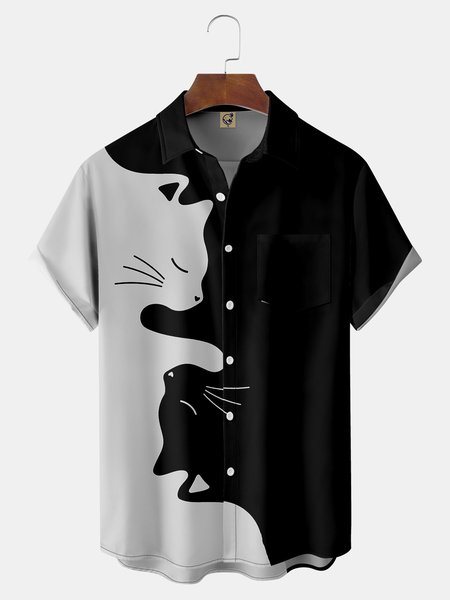 

Cat Chest Pocket Short Sleeve Casual Shirt, Black, Men Shirts