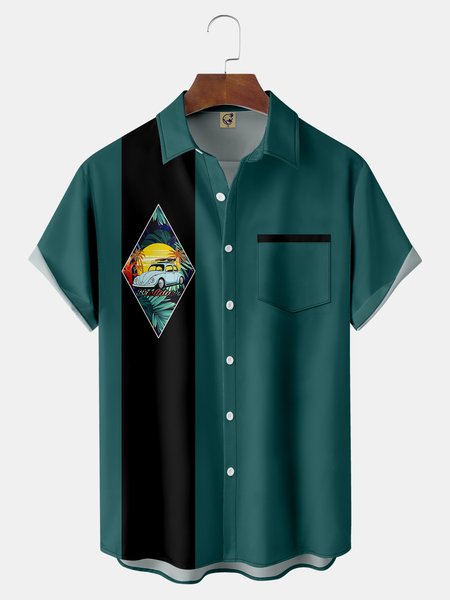 

Coconut tree Chest Pocket Short Sleeve Bowling Shirt, Green, Men Shirts
