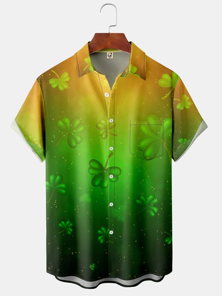 

St. Patrick's Day Shamrock Chest Pocket Short Sleeve Hawaiian Shirt, Green, Men Shirts