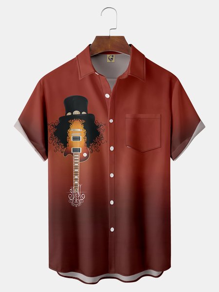 

Music Guitar Chest Pocket Short Sleeve Casual Shirt, Red, Men Shirts