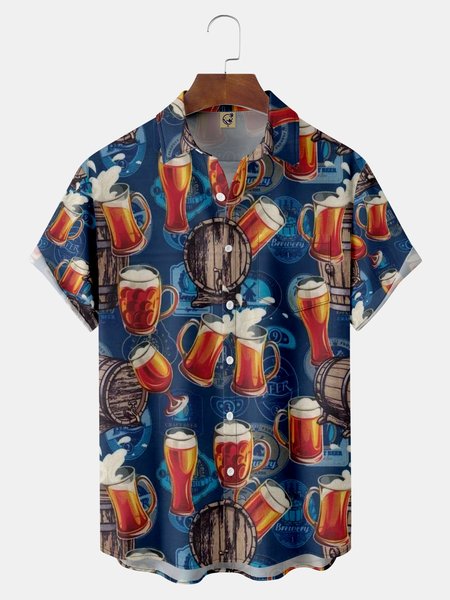 

Beer Chest Pocket Short Sleeve Hawaiian Shirt, Blue, Men Shirts