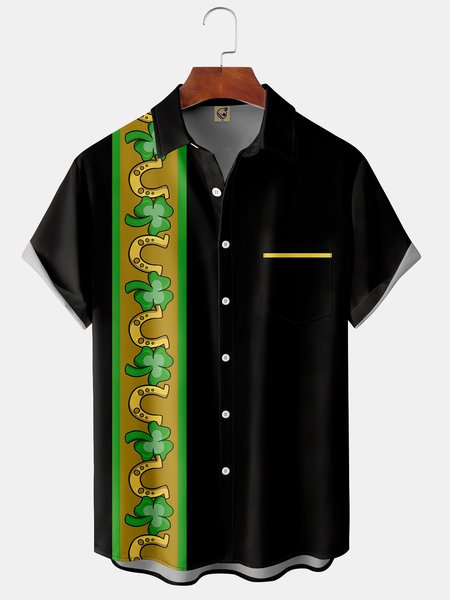 St. Patrick's Day Shamrock Chest Pocket Short Sleeve Bowling Shirt, Black, Men Shirts