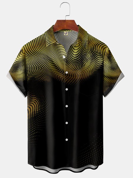 

3D Geometric Gradient Chest Pocket Short Sleeve Shirt, Golden, Men Shirts