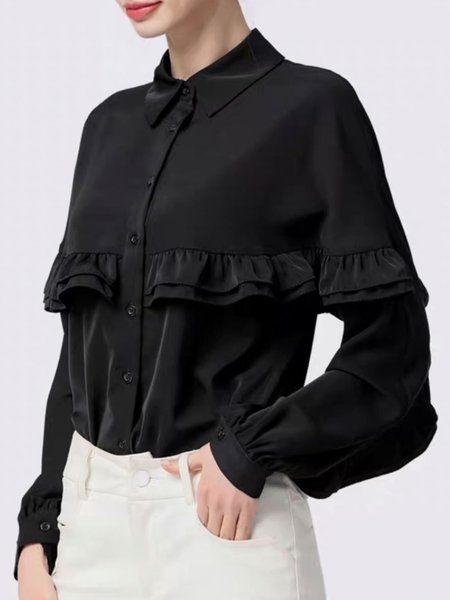 

Plain Loose Shirt Collar Elegant Flouncing Blouse, Black, Blouses and Shirts