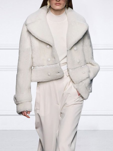 

Loose Plain Lapel Collar Elegant Teddy Jacket, White, Others