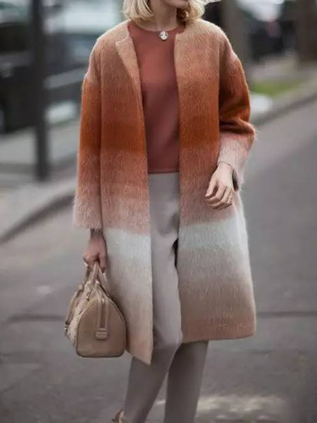 

Ombre Crew Neck Simple Overcoat, As picture, Coats