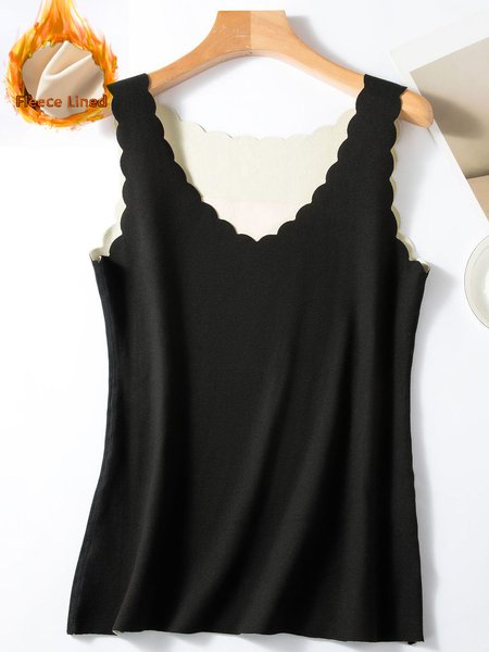 Casual Shell Collar Fleece Thermal Tank T-Shirt, Black, T-Shirts