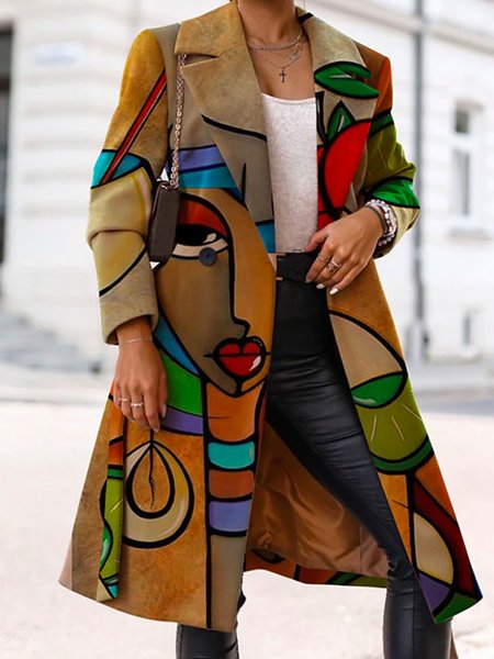 

Loose Abstract Print Urban Lapel Collar Overcoat, Multicolor, Coats