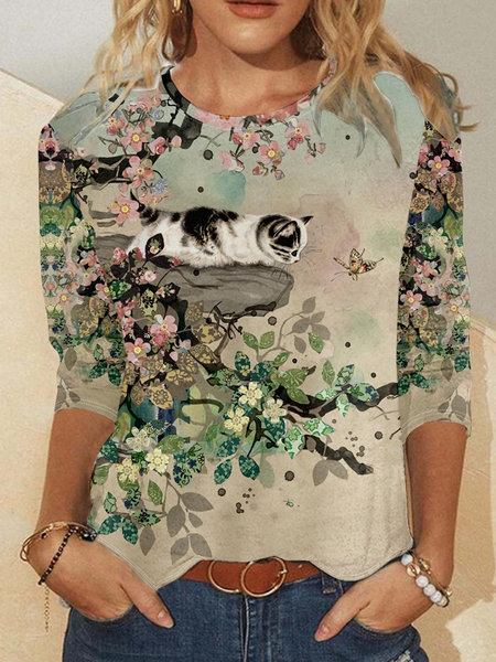 

Women's Cat Butterfly Vintage Print Crew Neck Casual Top, As picture, Long sleeves