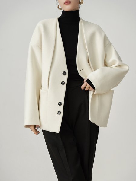 

Daily Long sleeve Simple Plain V Neck Overcoat, Off white, Coats