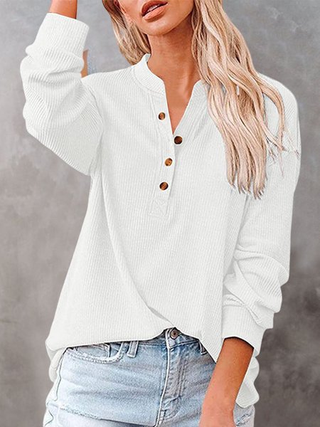 

White Button Front Long Sleeve Notched Collar Top, Tops