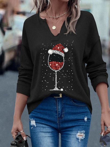 

Casual V Neck Christmas Loose T-Shirt, Black, T-Shirts