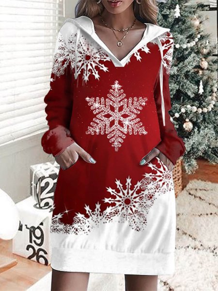

Christmas Snowflake Casual Hooded Dress, Red, Dresses