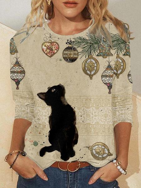 Women's Black Cat Casual Crew Neck Top, As picture, Long sleeves