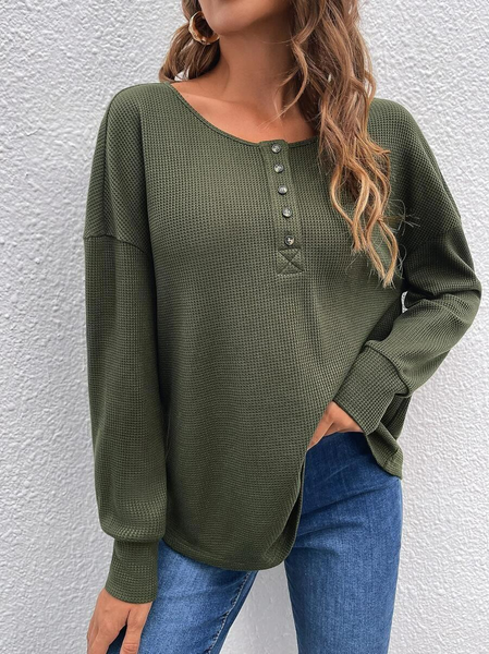 

Casual Half Button Drop Shoulder Tee, Army green, T-Shirts