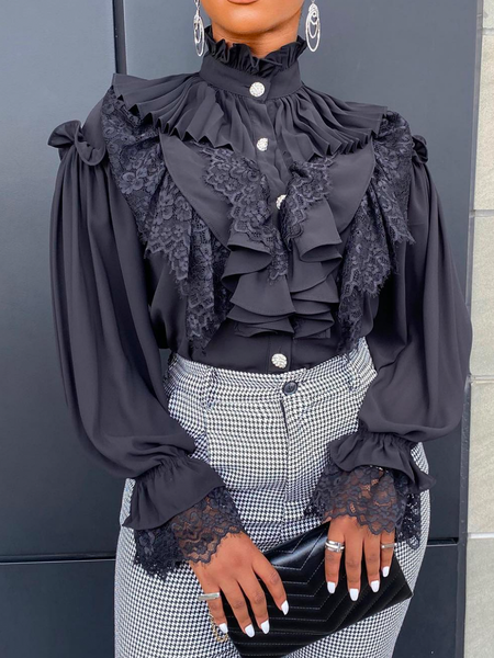 

Elegant Regular Fit Lotus Leaf Collar Long sleeve Blouse, Black, Blouses and Shirts