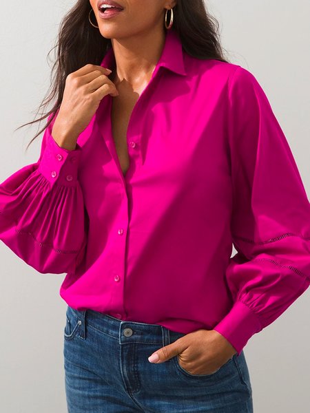 

Shirt Collar Urban Long Sleeve Lace Edge Blouse, Rose red, Blouses and Shirts