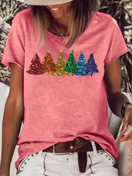 

Women's Christmas Tree Print Crew Neck Casual T-Shirt, Red, T-shirts